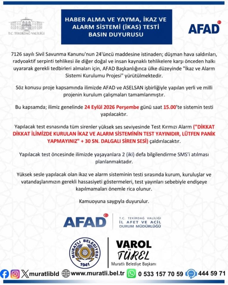 Tekirdağ’da Sirenler 24 Eylül’de Çalacak