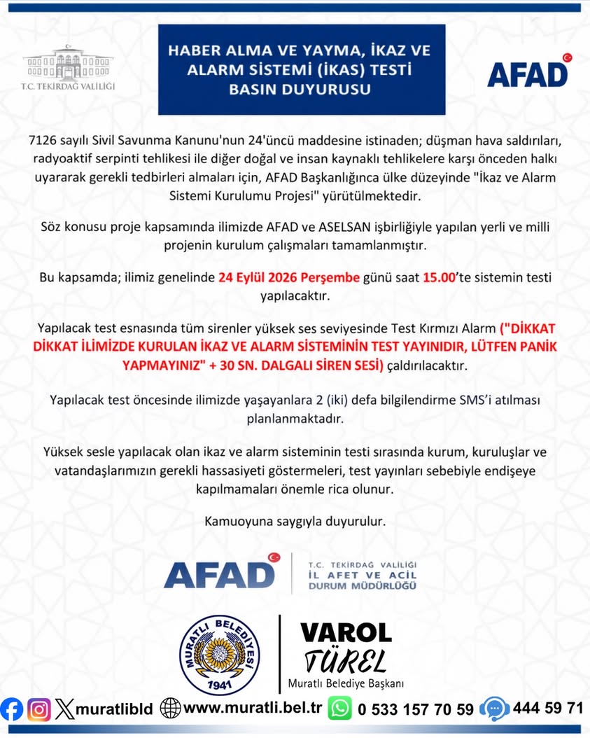 Tekirdağ’da Sirenler 24 Eylül’de Çalacak