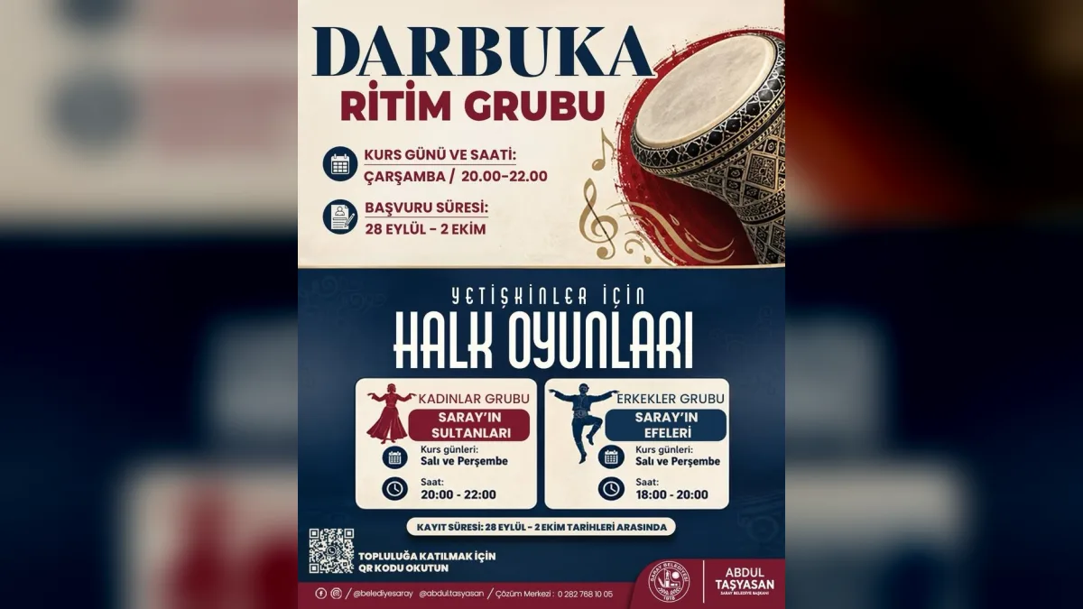 Saray Atatürk Kültür Merkezi'nde darbuka ve halk oyunları kursu afişi