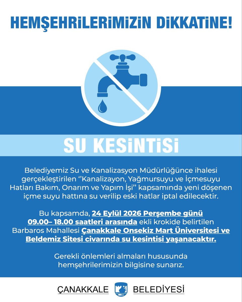 Çanakkale’de 24 Eylül’de Su Kesintisi