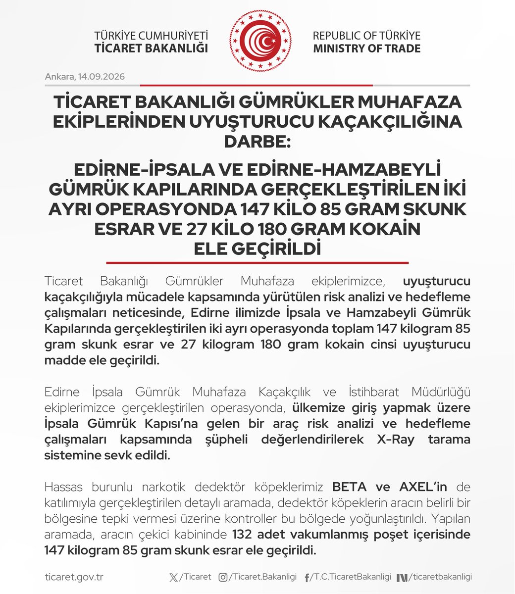 Edirne’de Kaçakçılığa Ağır Darbe: 174 Kilo Uyuşturucu Ele Geçti