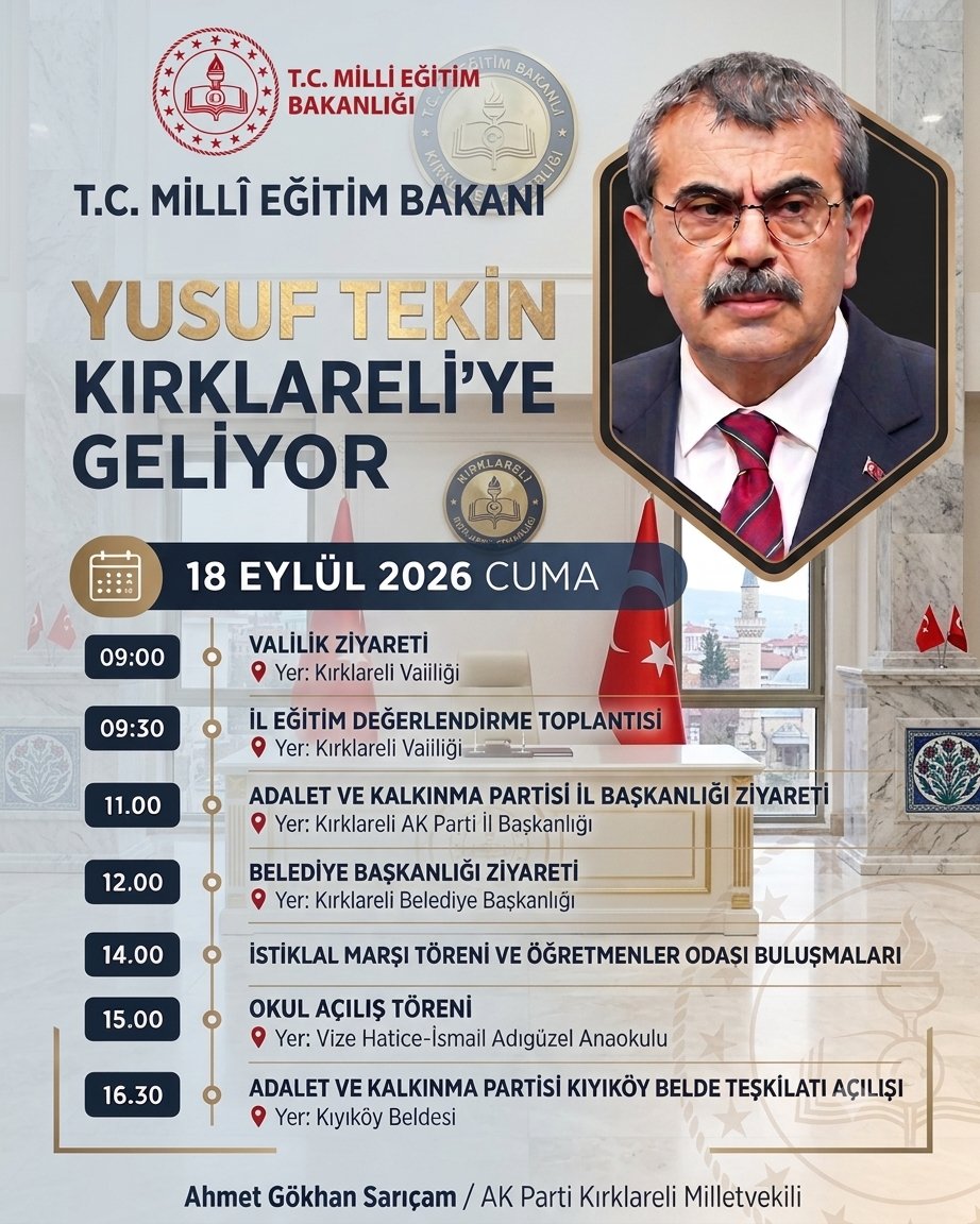 Kırklareli’ne Bakan Tekin Geliyor: 18 Eylül’de