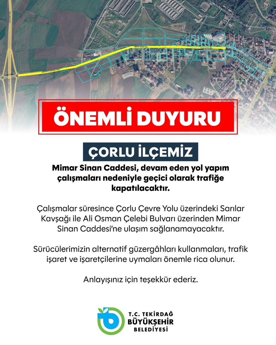 Tekirdağ Büyükşehir’den Kamuoyuna Duyuru