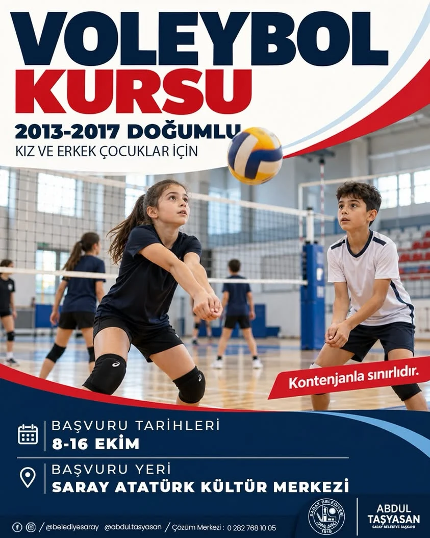 Saray Atatürk Kültür Merkezi'nde çocuklar için düzenlenen Saray voleybol kursu afişi