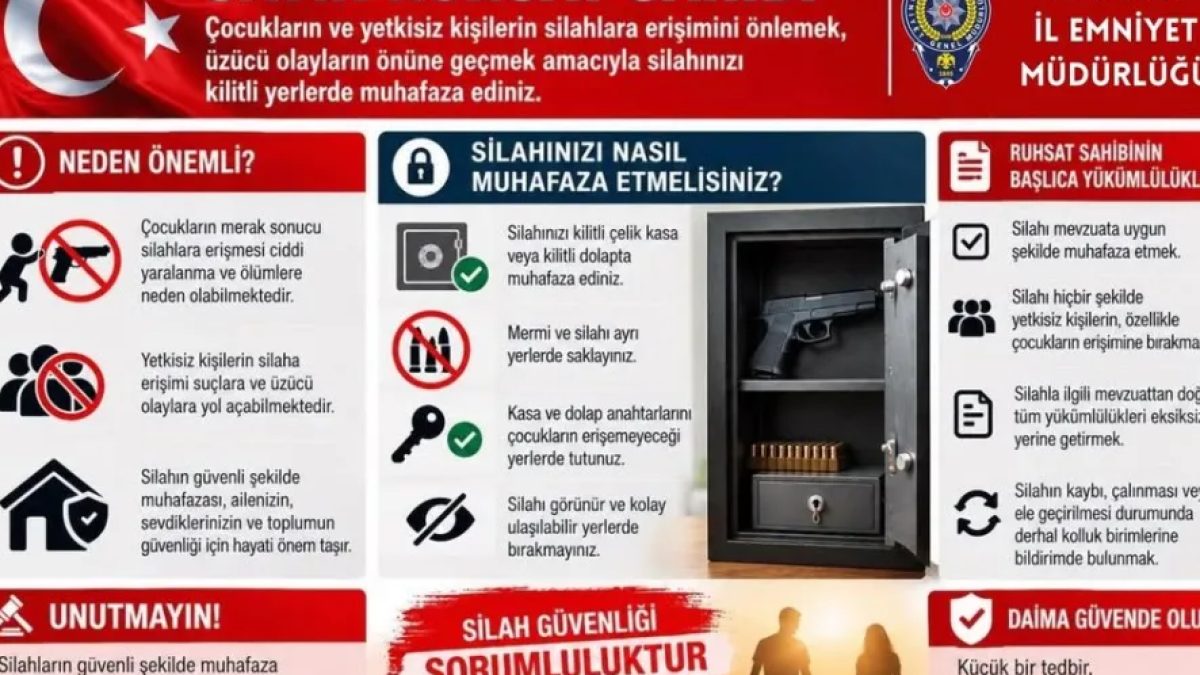 Tekirdağ silah güvenliği için kilitli silah muhafaza dolabı ve uyarı levhası