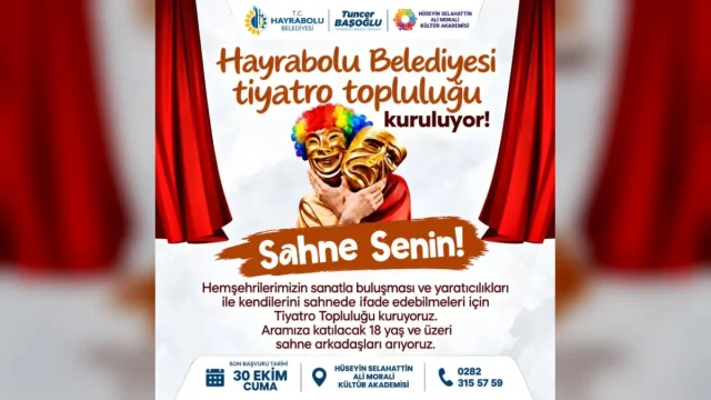 Hayrabolu Tiyatro Topluluğu başvuruları için Hüseyin Selahattin Ali Morali Kültür Akademisi binası