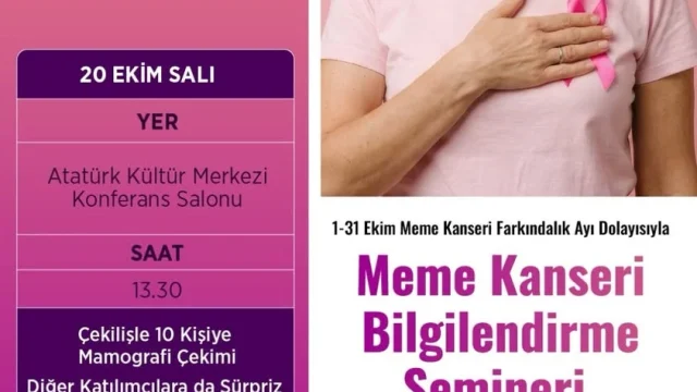 Meme Kanseri Farkındalık Semineri afişi, 20 Ekim Salı 13.30 Atatürk Kültür Merkezi