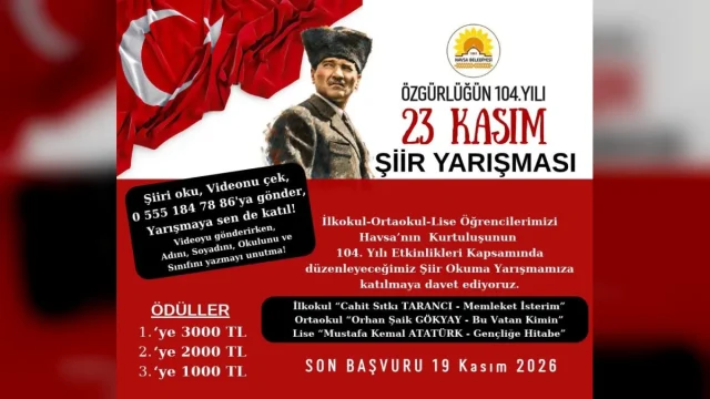 Havsa şiir okuma yarışması afişi, öğrencilere 3000 TL ödüllü başvuru duyurusu
