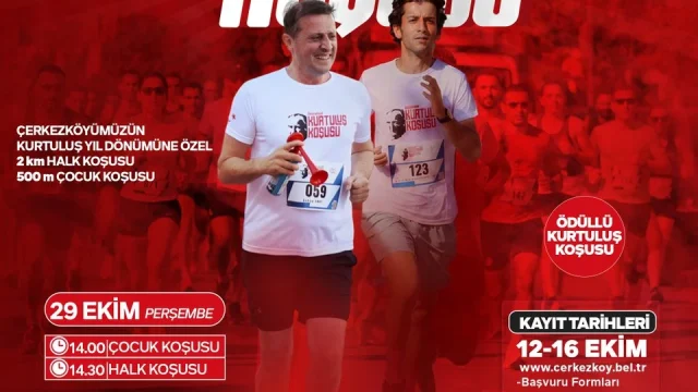 Çerkezköy kurtuluş koşusu için koşan çocuklar ve yetişkinler