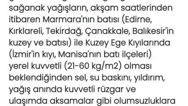 Tekirdağ Valiliği'nin meteoroloji uyarısı paylaşımı