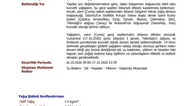 Kırklareli meteorolojik uyarı: Kuvvetli sağanak ve gök gürültülü yağış bekleniyor