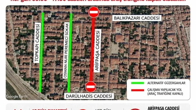 Edirne Arifpaşa Caddesi kaldırım çalışması nedeniyle araç trafiğine kapatılan yol kesimi