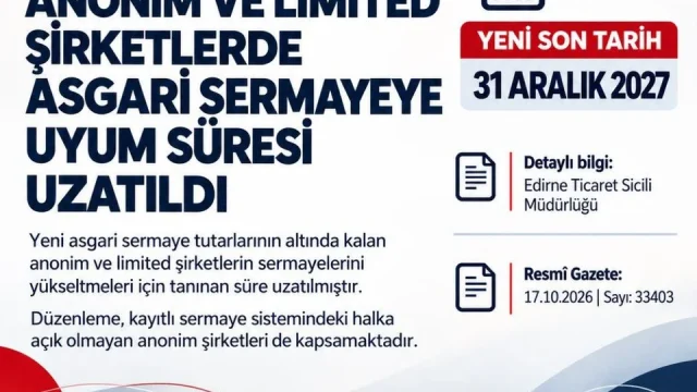 Asgari sermaye uyum süresi uzatımı ile ilgili Edirne TSO duyurusu ve şirket sermaye artırımı