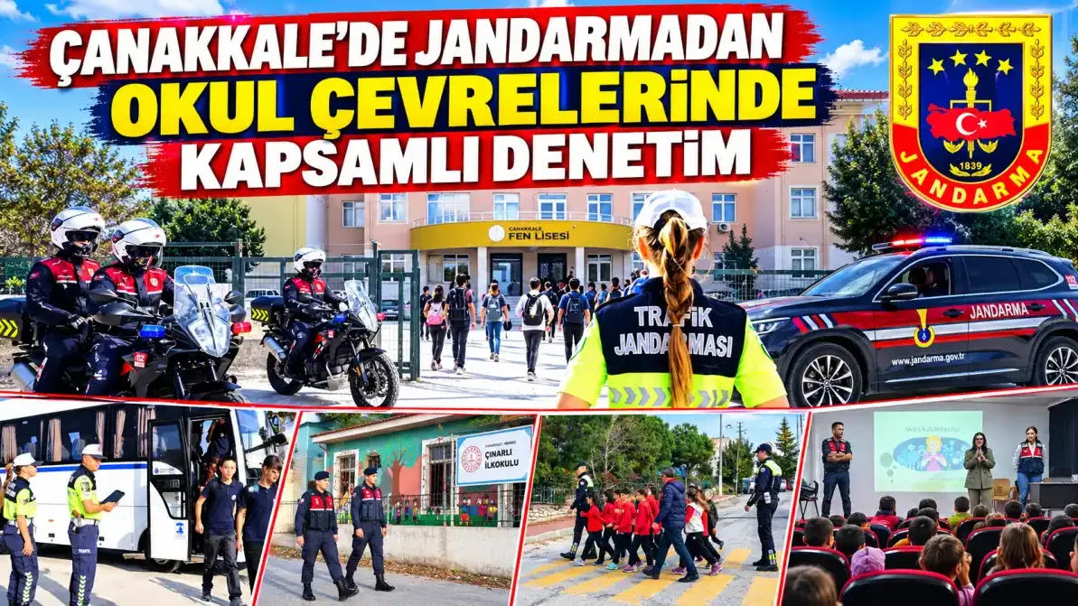 Çanakkale jandarma okul denetiminde okul servis aracı ve çevresinde kontrol yapan ekipler